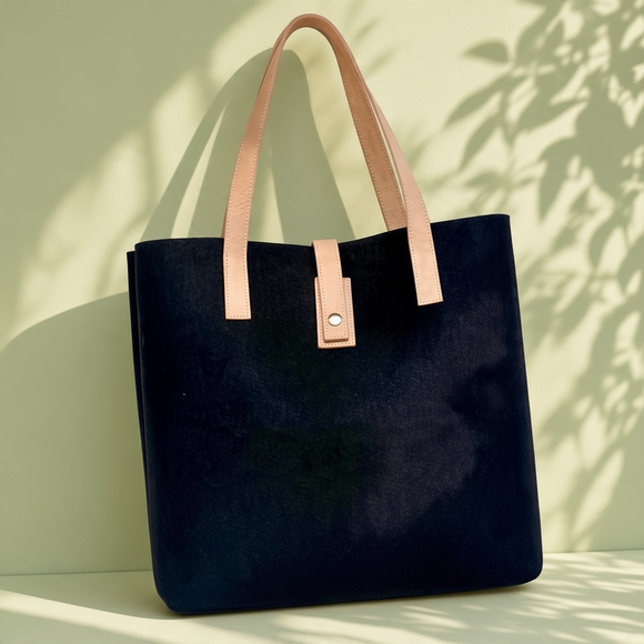 Black felt Tote Bag with natural double butt shoulder straps and center closure, press stud 