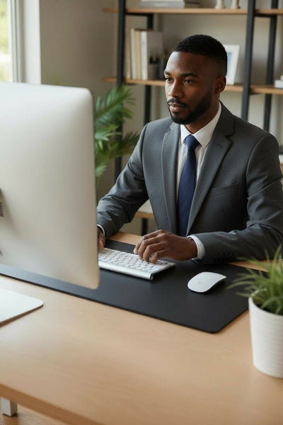 Man working at desktop computer with black genuine leather desk mat on office desk
