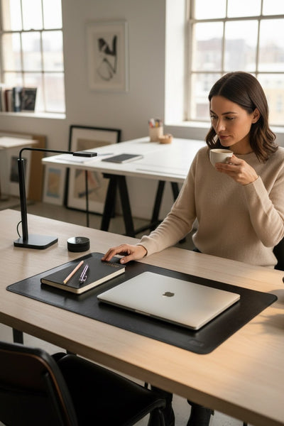 Woman at home office -studio desk with laptop resting on black genuine leather desk mat