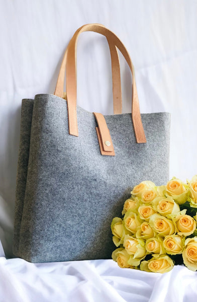 Grey Felt Tote Bag wit double butt leather shoulder straps  and center closure, press stud 