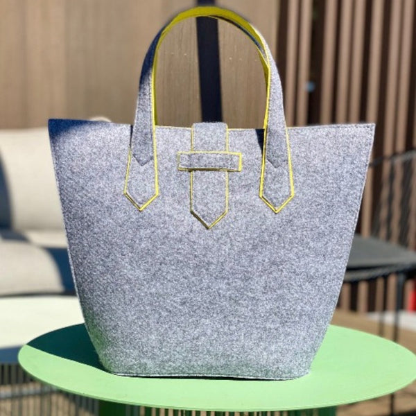 stylish grey and yellow felt handbag made from recycled plastic bottles from 