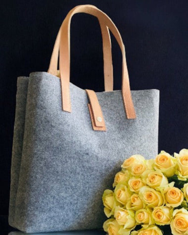 stylish grey felt bag with genuine leather handles natural 