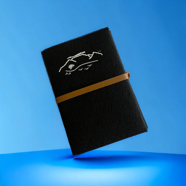 A5 Journal  in black felt with the iconic Cape Town Mountain print in white 