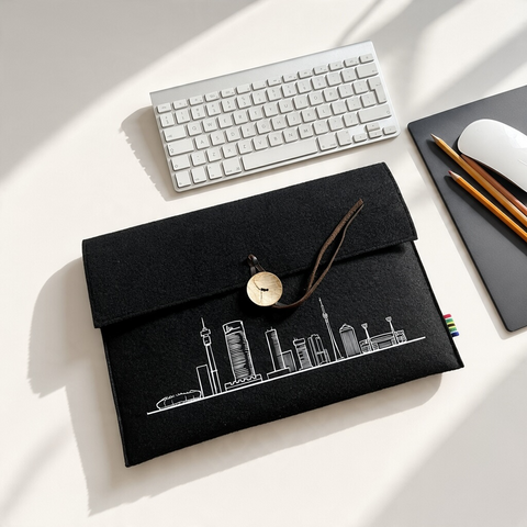 Black felt laptop sleeve with white Joburg skyline city print  for 13 inch slim laptops or as A4 document holder 
