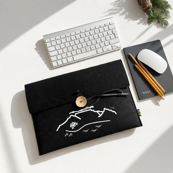 Black felt laptop sleeve with iconic Cape Town Table Mountain print  for 13 inch slim laptops or as A4 document holder