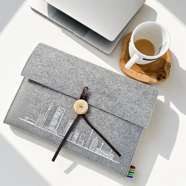 Grey felt laptop sleeves with Joburg skyline city print for 13 inch slim laptops or as A4 document holder 