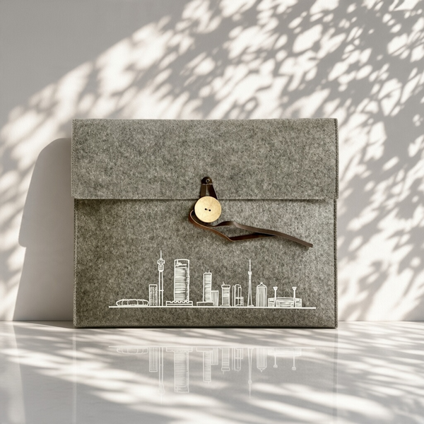 Grey felt laptop sleeves with Joburg skyline city print for 15 inch slim laptops or document holder 