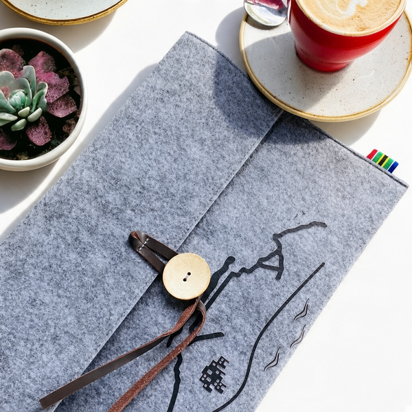 Grey felt laptop sleeve with iconic Cape Town Table Mountain print for 13 inch slim laptops or as A4 document holder 
