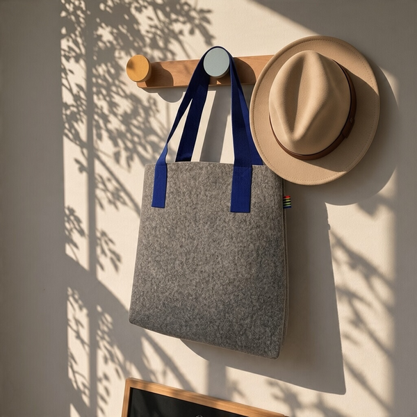 grey felt shopper bags with blue shoulder straps 