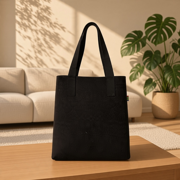 black felt shopper bag with black shoulder straps 