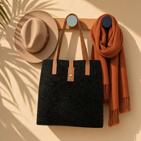 Charcoal felt Tote Bag with natural double butt leather shoulder straps and center closure press stud. 