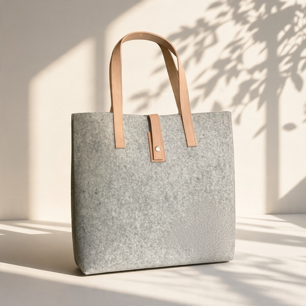 Grey Felt Tote Bag wit double butt leather shoulder straps  and center closure, press stud 