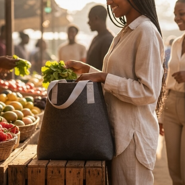 Charcoal felt shopper bag with grey shoulder straps 