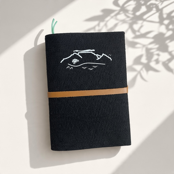 A5 Notebook, felt cover black, removable and reusable, white Cape Town Table Mountain print,  leather tie closure 