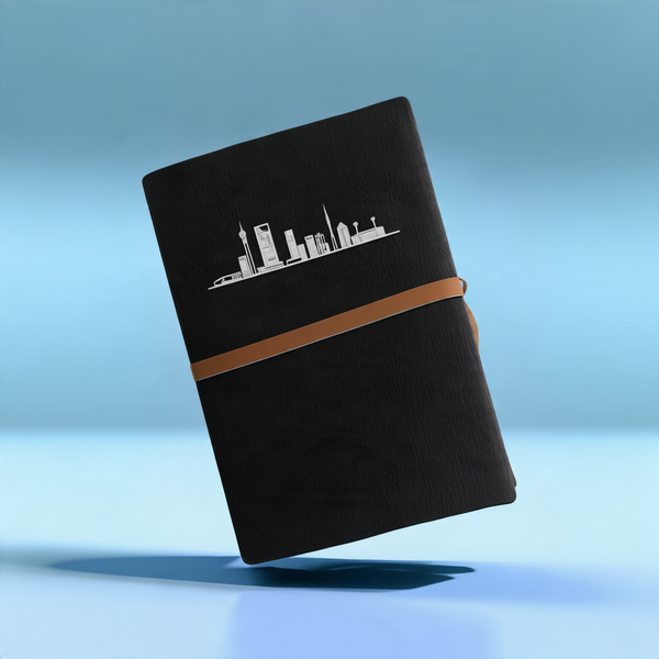  A5 Notebook, felt cover black, removable and reusable, white Joburg skyline print, leather tie closure. 