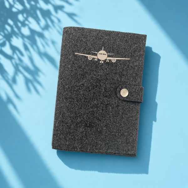 A5 Notebook, felt cover charcoal , removable and reusable, beige plane print,  press stud closure 