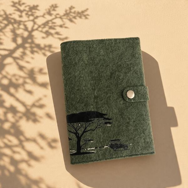 A5 Notebook, felt cover green, removable and reusable, black Safari print,  press stud closure 