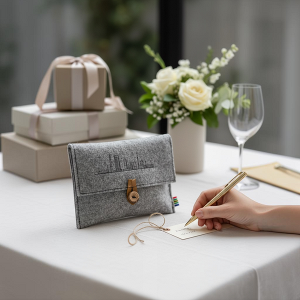 silver mist grey pure wool felt pouch with black Joburg skyline print, wooden button and leather loop closure