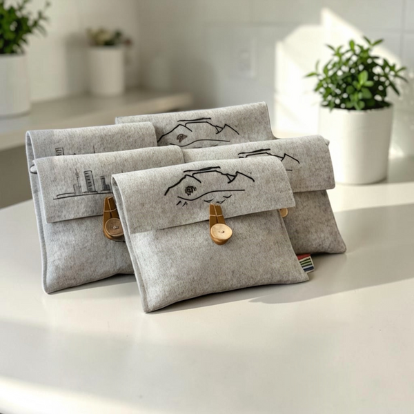 silver mist grey pure wool felt pouch with black Table Mountain print, wooden button and leather loop closure