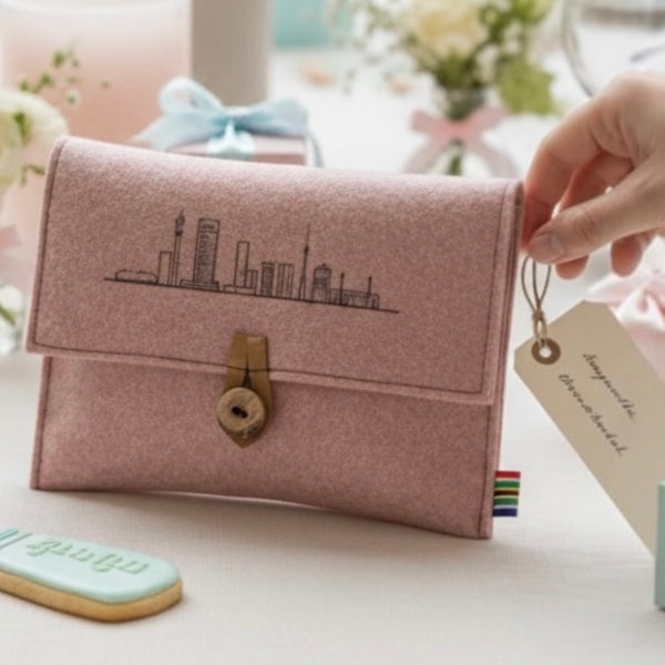Soft pink  pure wool felt pouch with black Joburg skyline print, wooden button and leather loop closure