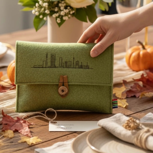 Mint green pure wool felt pouch with black Joburg skyline  print, wooden button and leather loop closure