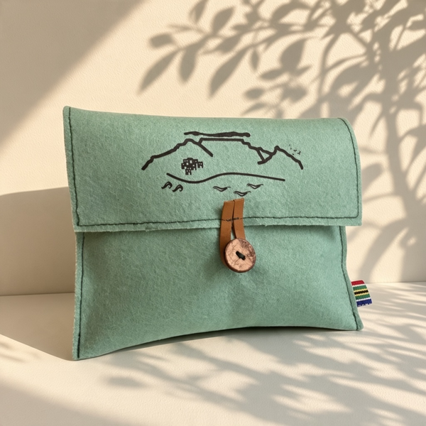 Mint green pure wool felt pouch with black  Cape Town Table Mountain  print, wooden button and leather loop closure