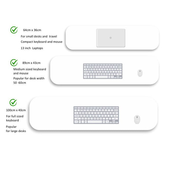 drawing of 3 desk pad sizes and guidelines 