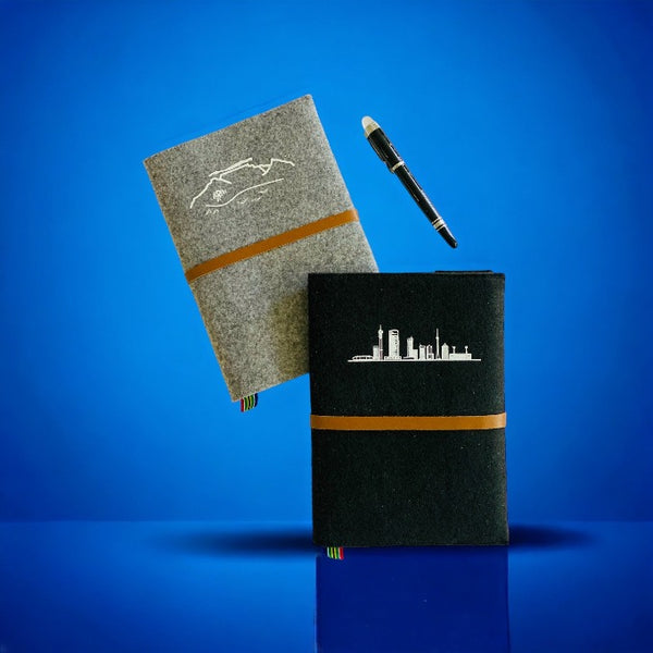 Eco-friendly A5 Journals in grey and black, cover made from felt with Johannesburg and Cape Town print 