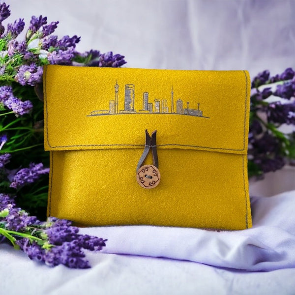 Pure wool felt pouch in yellow with Johannesburg print 