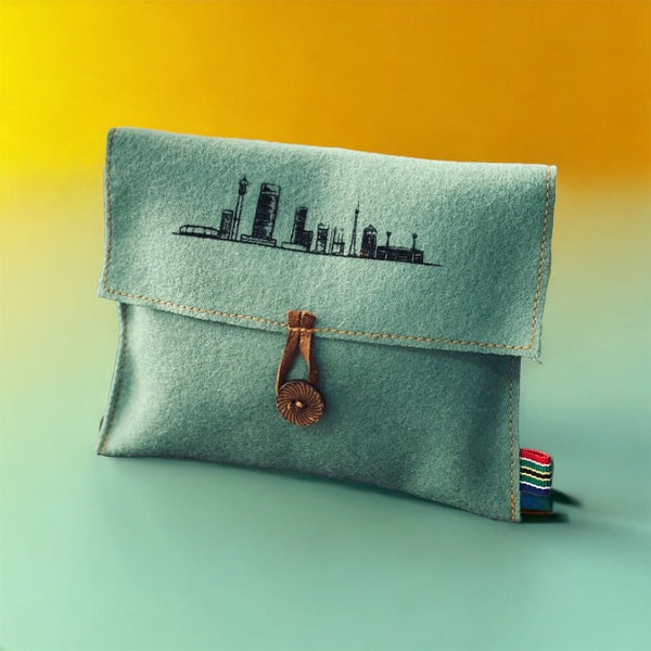 Mint green wool felt pouch with Johannesburg print 