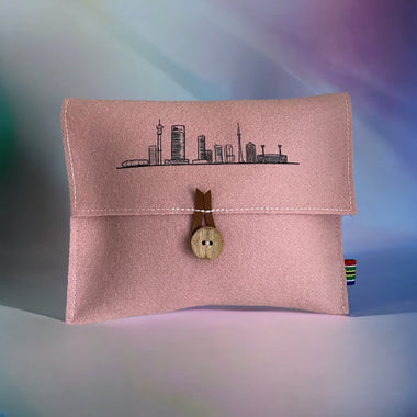 Soft pink wool- felt pouch with Johannesburg print 