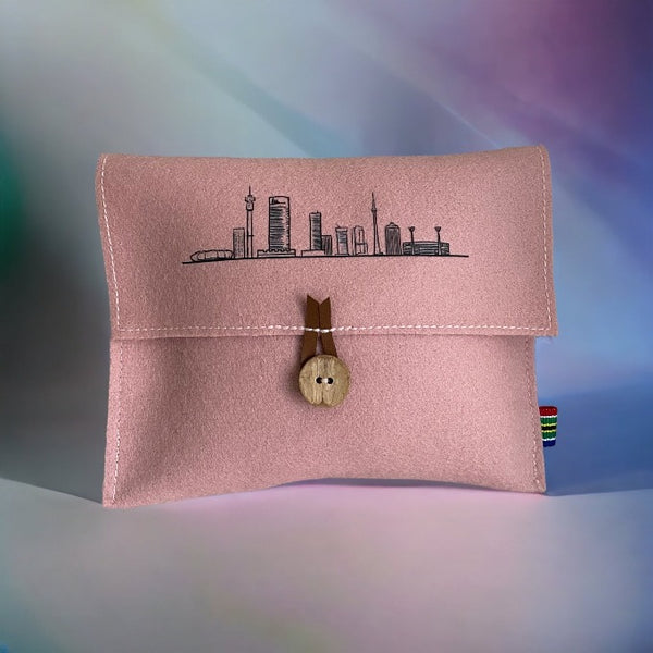 Soft pink wool- felt pouch with Johannesburg print 