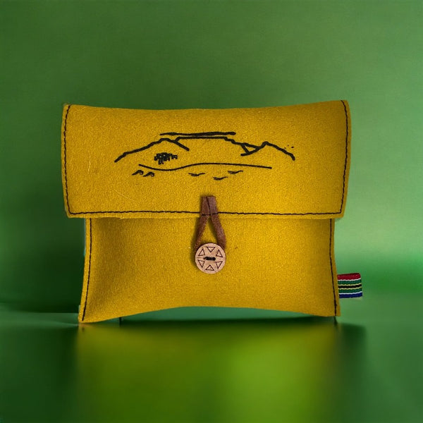 small wool felt pouch in yellow wool felt with Cape Town print 